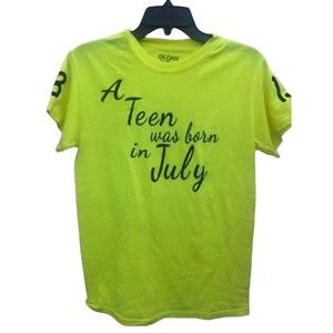 A Teen was Born in July Shirt Womens S Neon Green Yellow V-Neck Short Sleeve